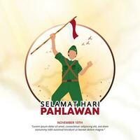 Square Selamat Hari Pahlawan Nasional or Happy Indonesia Heroes Day background with a hero holding a flag vector
