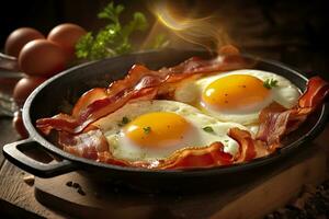 Bacon and eggs in a pan. Composition with tasty fried eggs and bacon on wooden table. AI Generative photo