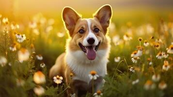 Charming corgi dog with flowers in the spring. Generative AI photo