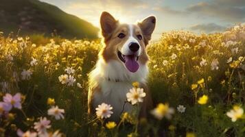 Charming corgi dog with flowers in the spring. Generative AI photo