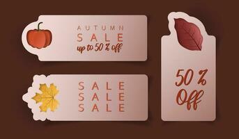 Paper cut autumn sale banner sticker set. Special offer sale label in flat style. Discount or price tag. Web sticker template. Design of ad offer or fall sale. vector