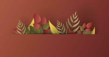 Autumn leaves background in paper cut style. Vector 3d illustration of different color leaf, with realistic shadow. Cut out of cardboards elements, decoration of autumn holiday for web or banner.