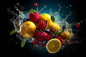 Exquisite Fresh Fruit Blend with Splashing Water, Promotional Appeal, ai generated photo