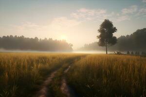 Tranquil Morning in the Foggy Meadow, ai generated photo