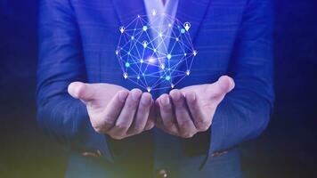 Businessman hand touching global infrastructure network on virtual screen working with client base online and customer connection data exchange. photo