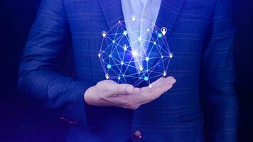 Businessman hand touching global infrastructure network on virtual screen working with client base online and customer connection data exchange. photo