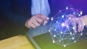 Businessman hand touching global infrastructure network on virtual screen working with client base online and customer connection data exchange. photo