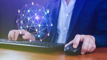 Businessman hand touching global infrastructure network on virtual screen working with client base online and customer connection data exchange. photo