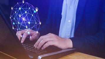 Businessman hand touching global infrastructure network on virtual screen working with client base online and customer connection data exchange. photo