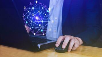 Businessman hand touching global infrastructure network on virtual screen working with client base online and customer connection data exchange. photo