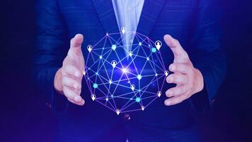 Businessman hand touching global infrastructure network on virtual screen working with client base online and customer connection data exchange. photo