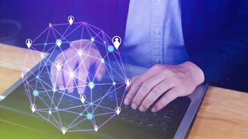 Businessman hand touching global infrastructure network on virtual screen working with client base online and customer connection data exchange. photo