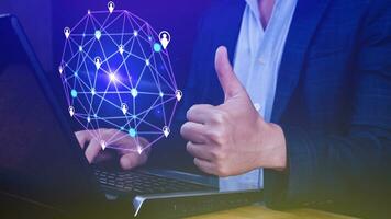 Businessman hand touching global infrastructure network on virtual screen working with client base online and customer connection data exchange. photo