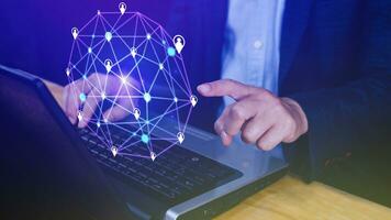 Businessman hand touching global infrastructure network on virtual screen working with client base online and customer connection data exchange. photo