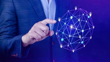 Businessman hand touching global infrastructure network on virtual screen working with client base online and customer connection data exchange. photo