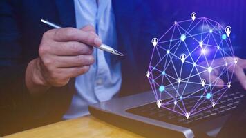 Businessman hand touching global infrastructure network on virtual screen working with client base online and customer connection data exchange. photo