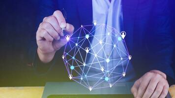 Businessman hand touching global infrastructure network on virtual screen working with client base online and customer connection data exchange. photo