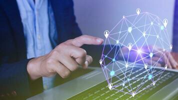 Businessman hand touching global infrastructure network on virtual screen working with client base online and customer connection data exchange. photo