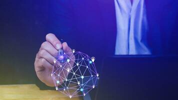 Businessman hand touching global infrastructure network on virtual screen working with client base online and customer connection data exchange. photo