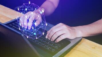 Businessman hand touching global infrastructure network on virtual screen working with client base online and customer connection data exchange. photo