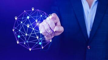 Businessman hand touching global infrastructure network on virtual screen working with client base online and customer connection data exchange. photo