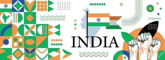 India national or independence day banner design for country celebration. Flag and map of India with raised fists. Modern retro design with abstract geometric icons. Vector illustration.