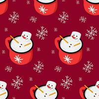 Winter hot chocolate and marshmallow snowman in a mug seamless pattern. Cute and funny childish design on dark red background. Ideal for decoration, wrapping paper, textile, wallpaper vector