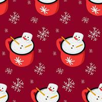 Winter hot chocolate and marshmallow snowman in a mug seamless pattern. Cute and funny childish design on dark red background. Ideal for decoration, wrapping paper, textile, wallpaper vector