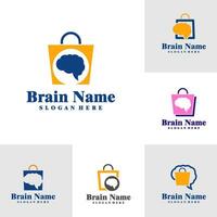 Set of Shop Brain logo design vector. Creative Brain with Bag Shop logo concepts template vector