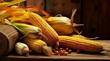 un rústico maíz antecedentes diseño presentando un surtido de recién cosechado maíz mazorcas, creando un calentar y atractivo atmósfera para otoño y cosecha - temática contenido, ai generado foto