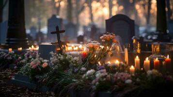 un sereno imagen para todas santos día, un cementerio adornado con velas y flores, lápidas bañado en suave luz de una vela, ai generado foto