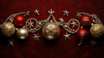 un parte superior ver de un elegante arreglo de Navidad adornos, incluso reluciente oro estrellas y intrincadamente diseñado Navidad pelota adornos, ai generado foto