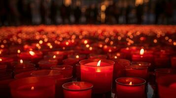 A somber yet hopeful scene, a candlelight vigil on World AIDS Day, a sea of lit candles forming the shape of the AIDS awareness, AI generated photo