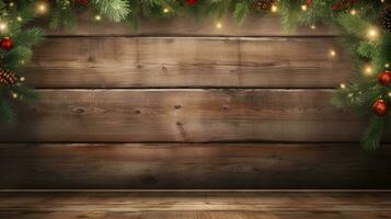 wooden background with romantic Christmas decorations and copy space, AI-generated photo