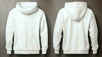 white hoodie mockup, front, and back views, designed with long sleeves for comfort and style, ideal for showcasing different designs and patterns mockup studio with various hangers, AI-generated photo