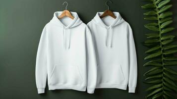 White hoodie mockup front and back mockup studio with various hangers, AI generated photo