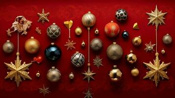 Red Christmas ornaments, including shimmering gold stars and an ornate Christmas ball, AI generated photo