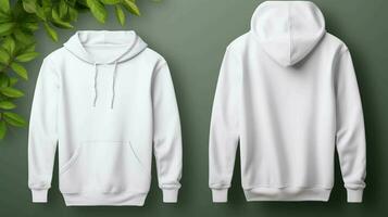 A white hoodie mockup, front and back views, designed with long sleeves for comfort and style, ideal for showcasing different designs and patterns mockup studio with various hangers, AI generated photo