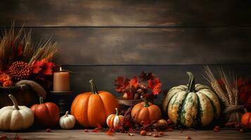 Thanksgiving wooden background surrounded by autumn leaves, pumpkins, and seasonal decorations, AI generated photo