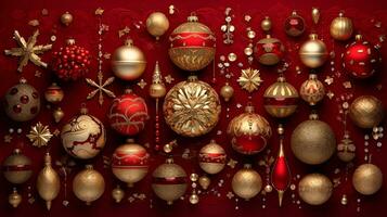 Red Christmas ornaments, including shimmering gold stars and an ornate Christmas ball, AI generated photo