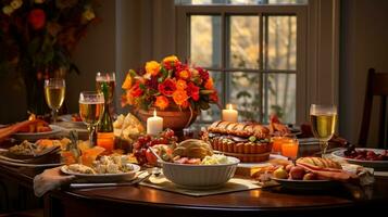 beautiful table set to serve Thanksgiving Turkey dinner, AI generated photo