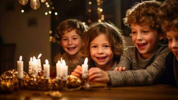 un calentar y acogedor Janucá celebracion a hogar, un hermosamente iluminado Menorah con brillante velas, niños jugando dreidel, ai generado foto