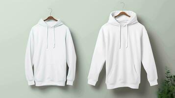 A white hoodie mockup, isolated on a hanger, highlighting the front view, AI-generated photo