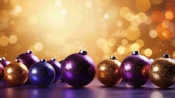 Christmas ball blurred background transitioning from royal purple to bright gold, with glistening tinsel strands and festive ornaments, AI generated photo