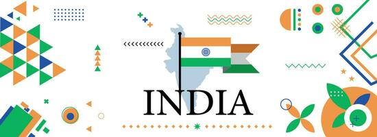 India national or independence day banner design for country celebration. Flag and map of India with modern retro and abstract geometric icons. Vector illustration