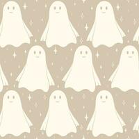 Doodle cute flying ghost Haloween beige seamless pattern. Background with simple spooky characters vector