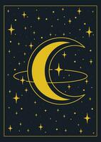 Mystical drawing of moon and outer space poster. Tarot card universe vector illustration.