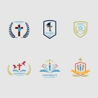 University and academy vector icons. Emblems or shields set for high school education graduates in maritime science, or law. Ribbons and badges of bachelor hat, laurel wreath, Vector Logo Template