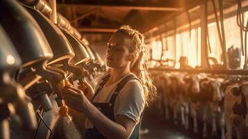 un joven granjero mujer vaca ordeño con instalaciones y moderno motorizado ordeño equipo. generativo ai foto