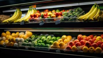 Fruits and Vegetables on shelf in supermarket. Generative Ai photo